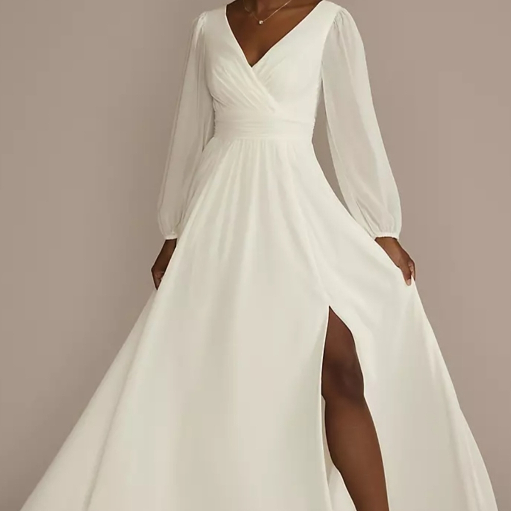 David's Bridal Ivory Long Sleeve V-Neck A-Line Wedding Gown with Thigh Slit